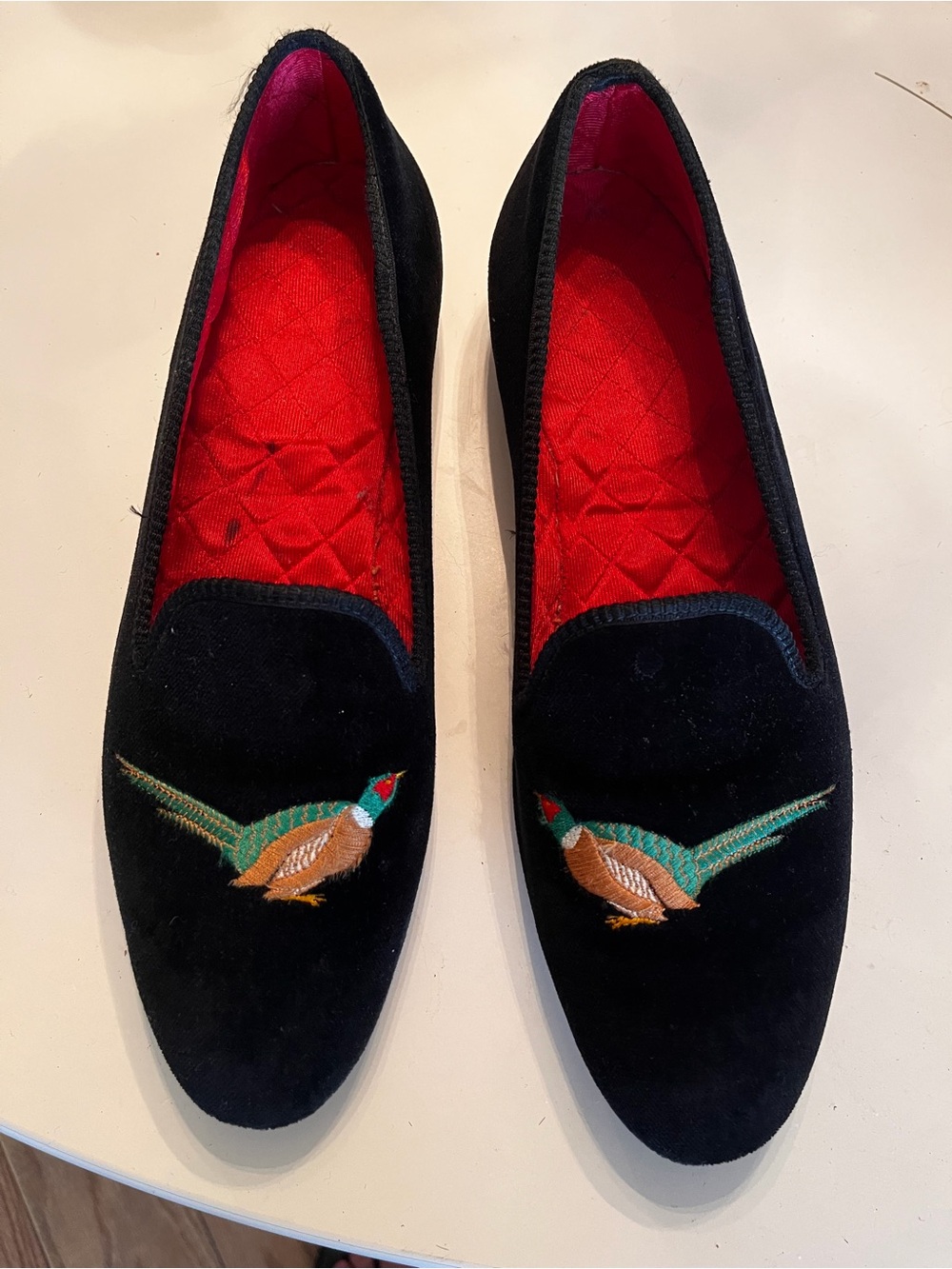 Church's Black Velvet Embroidered Pheasant Loafers with Red Lining